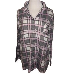 Women's Pink & Gray Plaid Button-Front Pajama Top
